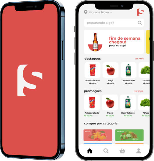 Imagem de celulares. O primeiro contém a Logo da Shopmart. O segundo mostra a tela inicial do aplicativo da Shopmart.